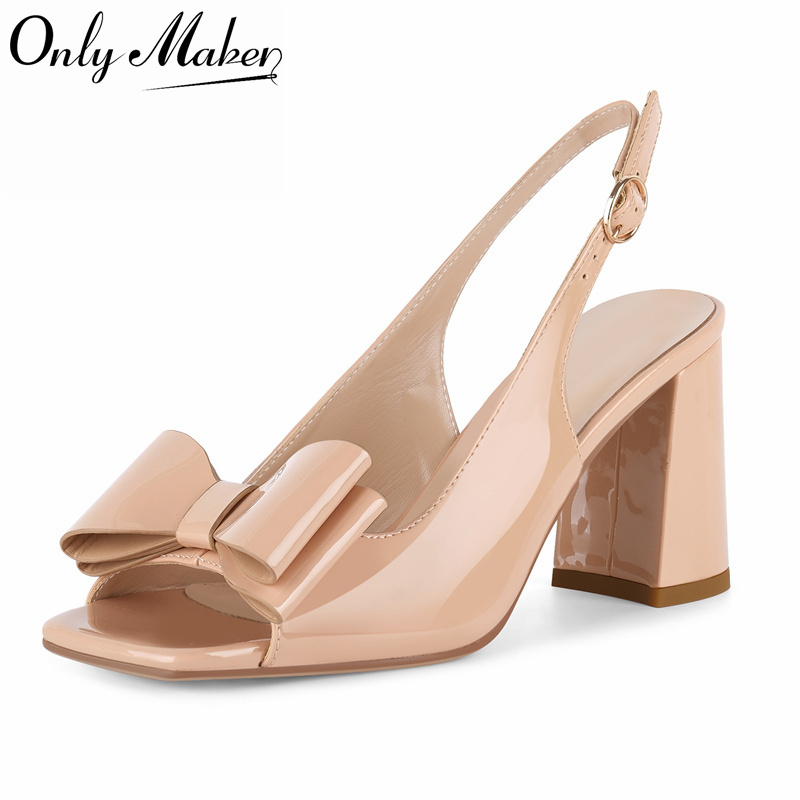 Leather Classic Strap - Onlymaker レディース スクエアトゥ ボウ スリングバック チャンキーヒール