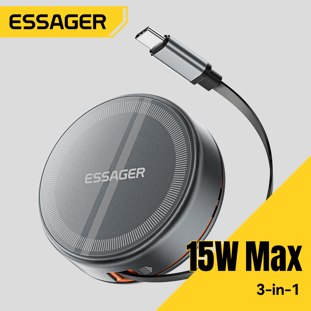 Watch Charger Cable - Essager 15W 3in1 マグネット式ワイヤレス充電器、96cm格納式Type-Cケーブル付き、iPhone 16/15/14/13 Pro
