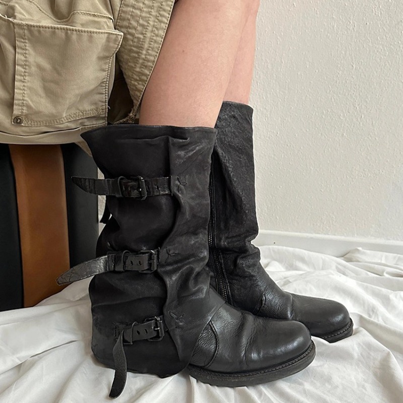 Leather Classic Strap - 古典的な女性の靴レトロ高級本革ナイトブーツ女性のためのファッションプラットフォームだらしないブーツデザイナーシューズボタスムジェ