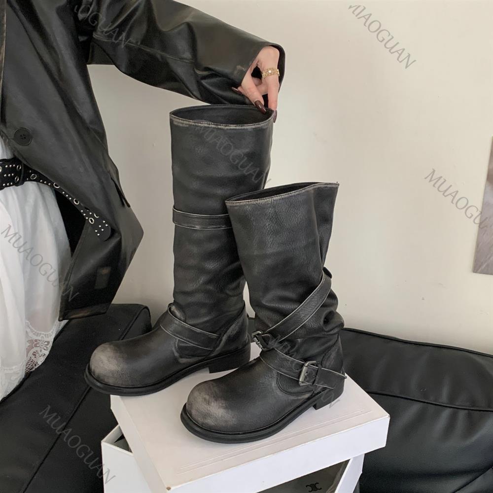 春秋用チャンキーヒール太もも丈ナイトブーツ、ベルトバックル付 - Leather Classic Strap のレビューと価格